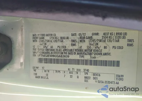 2012 Ford E-250 Commercial from USA, damaged, VIN 1FTNE2EW6CDA83639